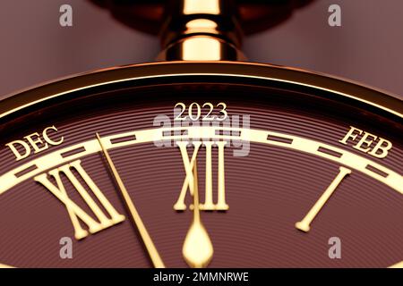 3D Darstellung eines antiken schwarzen rund-Uhr-Uhrs mit Cutoffs 2023 und Kalendermonaten auf einem braunen isolierten Hintergrund. Stoppuhrsymbol, Logo. Chronometer Stockfoto