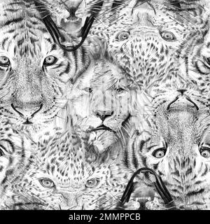 Nahtloses Muster handgezeichneter afrikanischer Tierporträts. Abbildung isoliert auf weißem Hintergrund Stockfoto