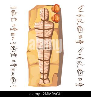 Mummy Creation Cartoon-Vektordarstellung. Mumifizierungsprozess, Einbalsamierung von Toten, menschliche Leiche ist mit Leinen umhüllt, liegt auf Stein, neben Hieroglyphen Kult von Toten aus dem alten Ägypten Stock Vektor