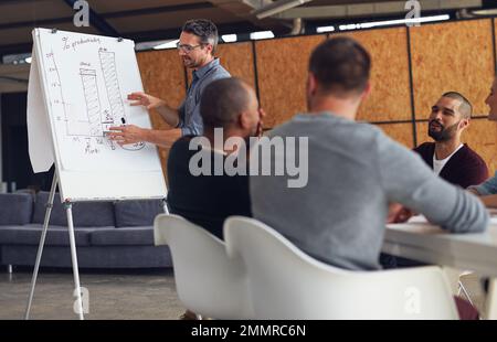 Der kreative Prozess. Ein reifer Mann, der Kollegen in einem Büro eine Whiteboard-Präsentation gibt. Stockfoto