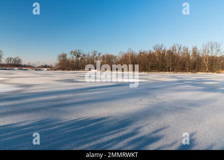 Gefrorener Teich mit Wald im Hintergrund und Stollenhimmel im Park Bozeny Nemcove in der tschechischen Stadt Karvina im Winter Stockfoto