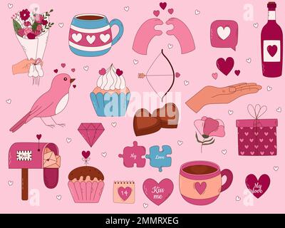 Handgezeichnete Elemente zum Valentinstag für Poster, Grußkarten, Banner und Einladungen. Großes Herz, Süßigkeiten, Kaffee, Cupcake, Schlüssel, Süßigkeiten, lette Stock Vektor