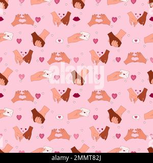 Handgezeichnetes nahtloses Muster zum Valentinstag. Hände von Liebenden. Stock Vektor