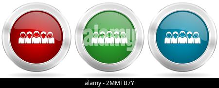 Symbolgruppe für Personenvektor. Rote, blaue und grüne silberfarbene metallische Netzknöpfe mit Chromrand Stock Vektor