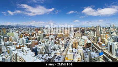 Panoramablick aus der Vogelperspektive auf die Winterstadt Sapporo, Hokkaido, Japan Stockfoto