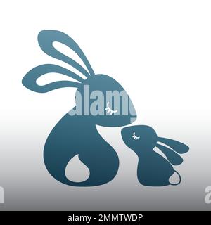 Vektorsilhouettendarstellung einer lustigen Kaninchenfamilie. Silhouette einer Kaninchenmutter, die ihr Baby küsst. Design für Muttertag, Osterhase Stock Vektor