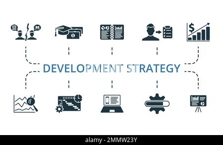Symbolsatz für Entwicklungsstrategie. Einfarbige Simple Development Strategy Icon-Kollektion. Interessenkonflikt, Zuschüsse, Zusammenfassung, Mission Stock Vektor