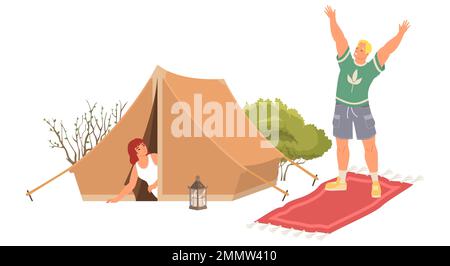 Camping-Vektor-Happy-Pair-Rest im Zeltlager Stock Vektor