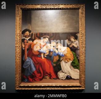 Mystische Hochzeit der Heiligen Katharina von Alexandria, eines Engels und Nicolò Bonghi von Lorenzo Lotto, ausgestellt auf der Accademia Carrara Italien Stockfoto