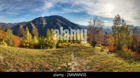 Schöner Sonnenuntergang über Herbstwald mit großer Bergpanoramalandschaft in der Slowakei Stockfoto