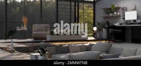 Modernes, zeitgemäßes Wohnzimmerdesign mit komfortabler Couch, Arbeitsplatz, Wohndekor und großem Fenster. 3D Rendern, 3D Illustrationen Stockfoto