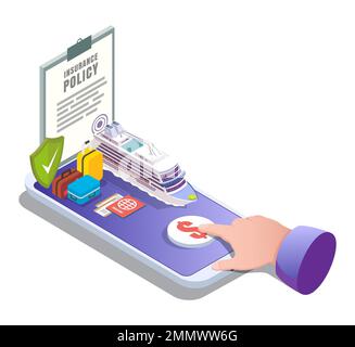 Reiseversicherung online, Vektorflachbild isometrisch Stock Vektor