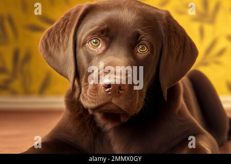 Ein Bild eines Labrador Welpen, der auf dem Boden eines Raumes mit einer gelben Wand im Hintergrund liegt, weckt ein Gefühl der Bequemlichkeit Stockfoto