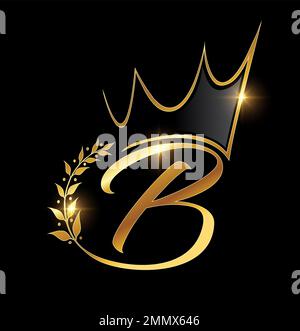 Vektordarstellung des Anfangsbuchstabens im Gold Crown und Leaf Monogramm auf schwarzem Hintergrund mit goldenem Glanzeffekt Stock Vektor