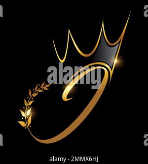 Vektordarstellung des Anfangsbuchstabens J im Gold Crown- und Leaf-Monogramm auf schwarzem Hintergrund mit goldenem Glanzeffekt Stock Vektor