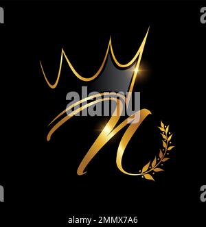 Vektordarstellung des Anfangsbuchstabens N im Gold Crown- und Leaf-Monogramm auf schwarzem Hintergrund mit goldenem Glanzeffekt Stock Vektor