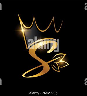 Vektordarstellung des Anfangsbuchstabens S im Gold Crown- und Leaf-Monogramm auf schwarzem Hintergrund mit goldenem Glanzeffekt Stock Vektor