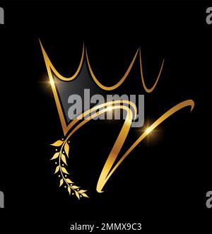 Vektordarstellung des Anfangsbuchstabens V des Gold Crown and Leaf Monogramms auf schwarzem Hintergrund mit goldenem Glanzeffekt Stock Vektor