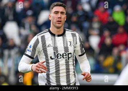 Dusan Vlahovic vom FC Juventus während des Fußballspiels der Serie A zwischen dem FC Juventus und dem AC Monza im Stadion Juventus in Turin (Italien), Januar 29., Stockfoto