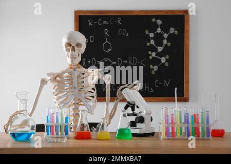 Skelett und verschiedene Chemieglasgeräte im Klassenzimmer Stockfoto