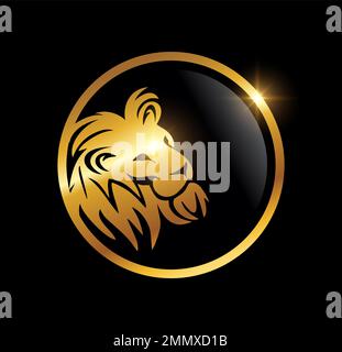 Goldener Löwenkopf im kreisförmigen Logo-Vektor auf schwarzem Hintergrund mit goldenem Glanzeffekt Stock Vektor
