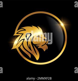 Goldener Löwenkopf im kreisförmigen Logo-Vektor auf schwarzem Hintergrund mit goldenem Glanzeffekt Stock Vektor