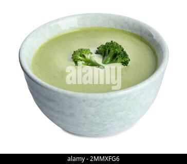 Köstliche Brokkoli-Creme-Suppe, isoliert auf weiß Stockfoto