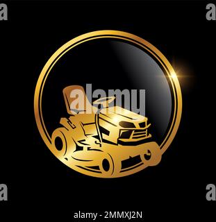 Eine Vektordarstellung des goldenen Luxus-Rasenmäher-Logo-Symbols auf schwarzem Hintergrund mit goldenem Glanzeffekt Stock Vektor