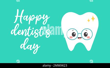 Zahnarzttagsposter. Glänzender, süßer, lächelnder Cartoon-Zahn. Berufswelt und Nationalfeiertag des Stomatologen. Stock Vektor