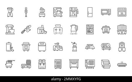 Symbolset für Küchengeräte. Mikrowelle, Kombi-Dampfgarer, Toaster, Küchenmaschine, Gefrierschrank, toaster, Kaffeemaschine, Vektordarstellung Stock Vektor