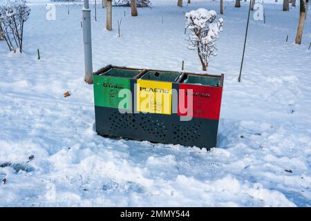 Mehrfarbige Behälter für die getrennte Abfallsammlung bügeln. Abfallrecycling. Stockfoto