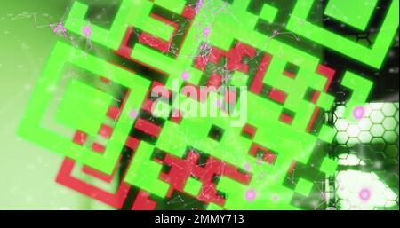 Zusammensetzung des qr-Codes und der Netzwerke von Verbindungen über Computerserver Stockfoto