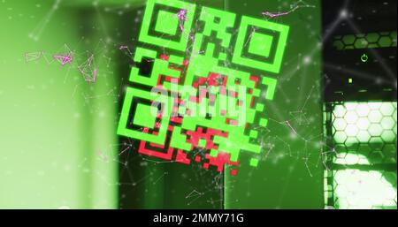 Zusammensetzung des qr-Codes und der Netzwerke von Verbindungen über Computerserver Stockfoto