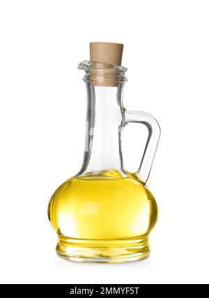 Speiseöl in einer Glaskanne, auf weiß isoliert Stockfoto