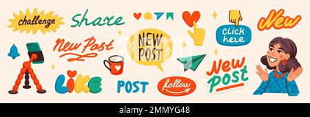 Symbole für Bloginhalte. Verschiedene bunte Aufkleber und ein Mädchen-Blogger-Porträt. Blogger- oder Vlogger-Cartoon-Figur, die Internetinhalte flach erscheinen lässt Stock Vektor