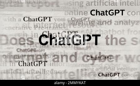 Posen, Polen, 25. Januar 2023: ChatGPT-Schlagzeilen in internationalen Medien mit OpenAI, Chat gpt ai bot. Abstraktes Konzept von Nachrichtentiteln auf Nein Stockfoto
