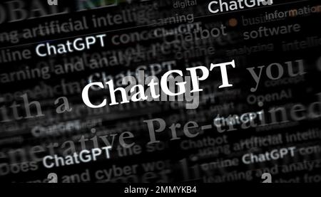 Posen, Polen, 25. Januar 2023: ChatGPT-Schlagzeilen in internationalen Medien mit OpenAI, Chat gpt ai bot. Abstraktes Konzept von Nachrichtentiteln auf Nein Stockfoto