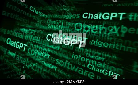 Posen, Polen, 25. Januar 2023: ChatGPT-Schlagzeilen in internationalen Medien mit OpenAI, Chat gpt ai bot. Abstraktes Konzept von Nachrichtentiteln auf Nein Stockfoto