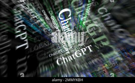 Posen, Polen, 25. Januar 2023: ChatGPT-Schlagzeilen in internationalen Medien mit OpenAI, Chat gpt ai bot. Abstraktes Konzept von Nachrichtentiteln auf Nein Stockfoto