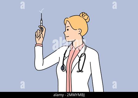 Junge weibliche Krankenschwester in medizinischer Uniform halten Spritze in den Händen. Arztin oder Hausarzt, bereit für die Injektion. Medizin und Gesundheitswesen, Impfkonzept. Vektordarstellung. Stock Vektor