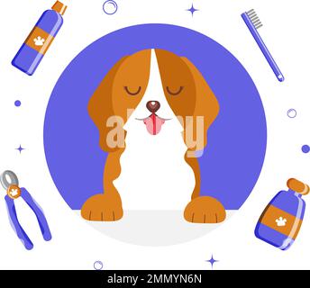 Banner-Gruppe mit niedlichen Hundewerkzeugen und Zubehör im flachen Vektorstil. Abbildung zur Tierpflege mit Inhalt, Etikett, Banner, Grafik und Grußkarte. Vektordarstellung Stock Vektor