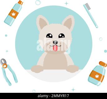 Banner-Gruppe mit niedlichen Hundewerkzeugen und Zubehör im flachen Vektorstil. Abbildung zur Tierpflege mit Inhalt, Etikett, Banner, Grafik und Grußkarte. Vektordarstellung Stock Vektor