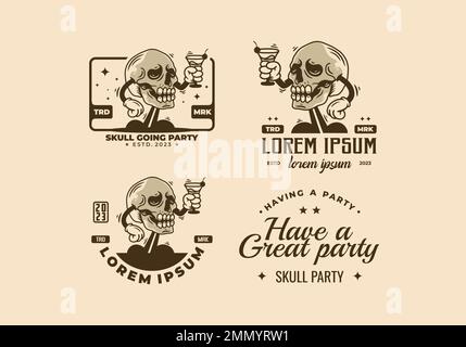 Charakterabzeichen eines Schädelkopfes mit einem Weinglas Stock Vektor