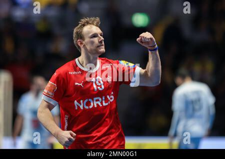 Stockholm, Schweden. 29. Januar 2023. Handball: Weltmeisterschaft, Finale Frankreich - Dänemark in der Tele2 Arena. Dänen Mathias Gidsel Prost. Kredit: Jan Woitas/dpa/Alamy Live News Stockfoto