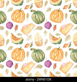 Wasserfarbenes, nahtloses Muster für die Herbststimmung. Kürbis-Gewürz-Cupcake, Blätter, Pflaume, Kürbis-Käsekuchen. Herbstaufdruck. Stockfoto