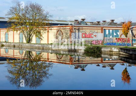 Frankreich, Meurthe et Moselle, Nancy, Meurthe Riversides, der Canal de Nancy (Kanal von Nancy) verbindet den Kanal von Marne mit dem Rhein, dem ehemaligen Industriebetrieb von Alstom Stockfoto