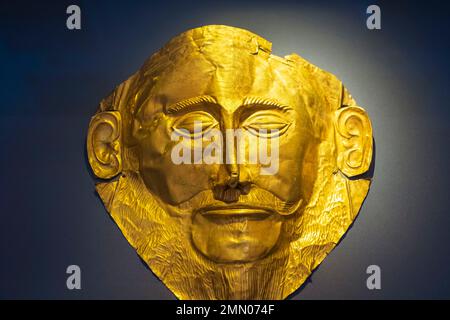 Griechenland, Athen, nationales Archäologisches Museum, Maske von Agamemnon, goldene Grabmaske aus 1550-1500 v. Chr Stockfoto