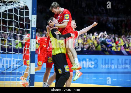 Stockholm, Schweden. 29. Januar 2023. Handball: Weltmeisterschaft, Finale Frankreich - Dänemark in der Tele2 Arena. Dänemarks Spieler jubeln nach dem Sieg. Kredit: Jan Woitas/dpa/Alamy Live News Stockfoto