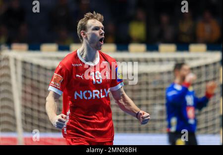 Stockholm, Schweden. 29. Januar 2023. Handball: Weltmeisterschaft, Finale Frankreich - Dänemark in der Tele2 Arena. Dänen Mathias Gidsel Prost. Kredit: Jan Woitas/dpa/Alamy Live News Stockfoto