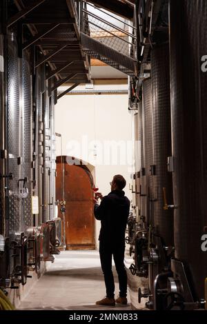 Frankreich, Gard, Tavel, Chateau d'Aqueria, Kellermeister, der eine Weinprobe macht Stockfoto